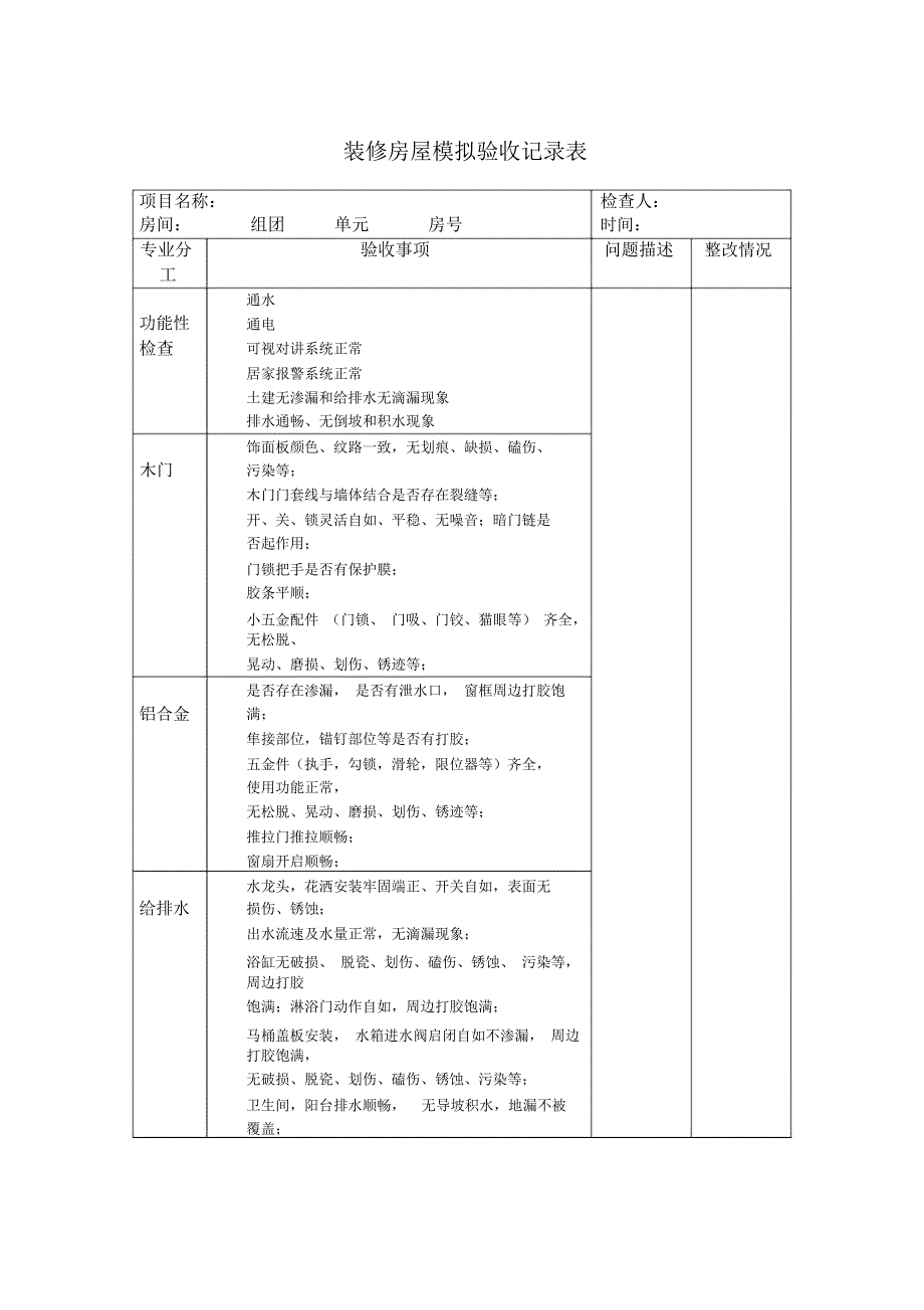 装修房屋模拟验收记录表_第1页