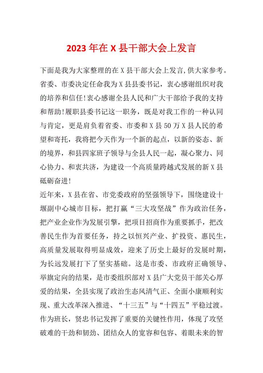 2023年在X县干部大会上发言_第1页