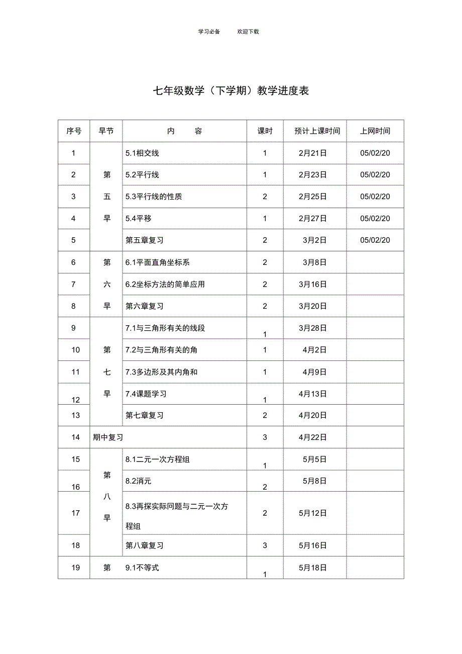 七年级数学教学进度表新课标人教版_第1页