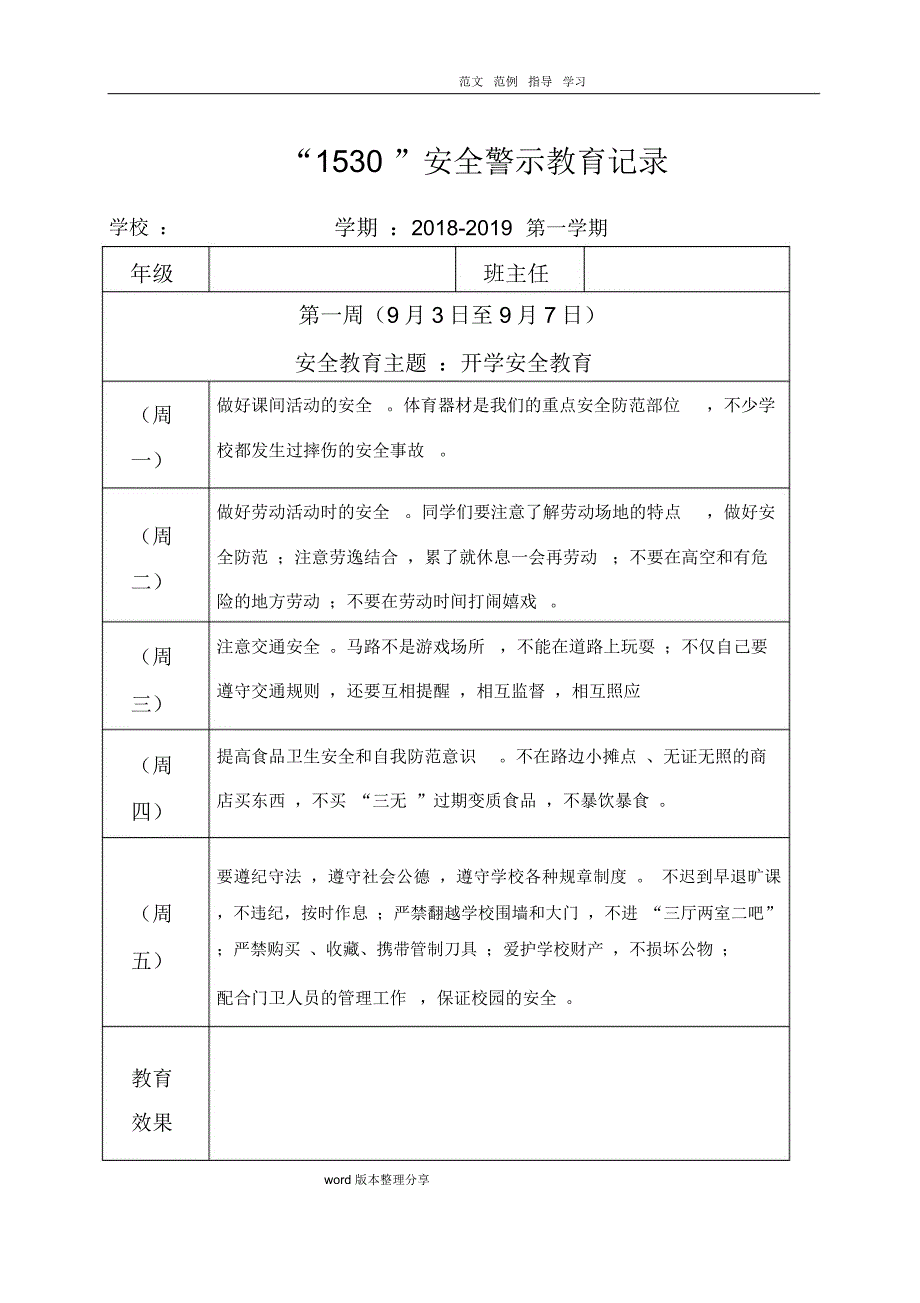 小学1530安全教育记录文本表格式_第1页