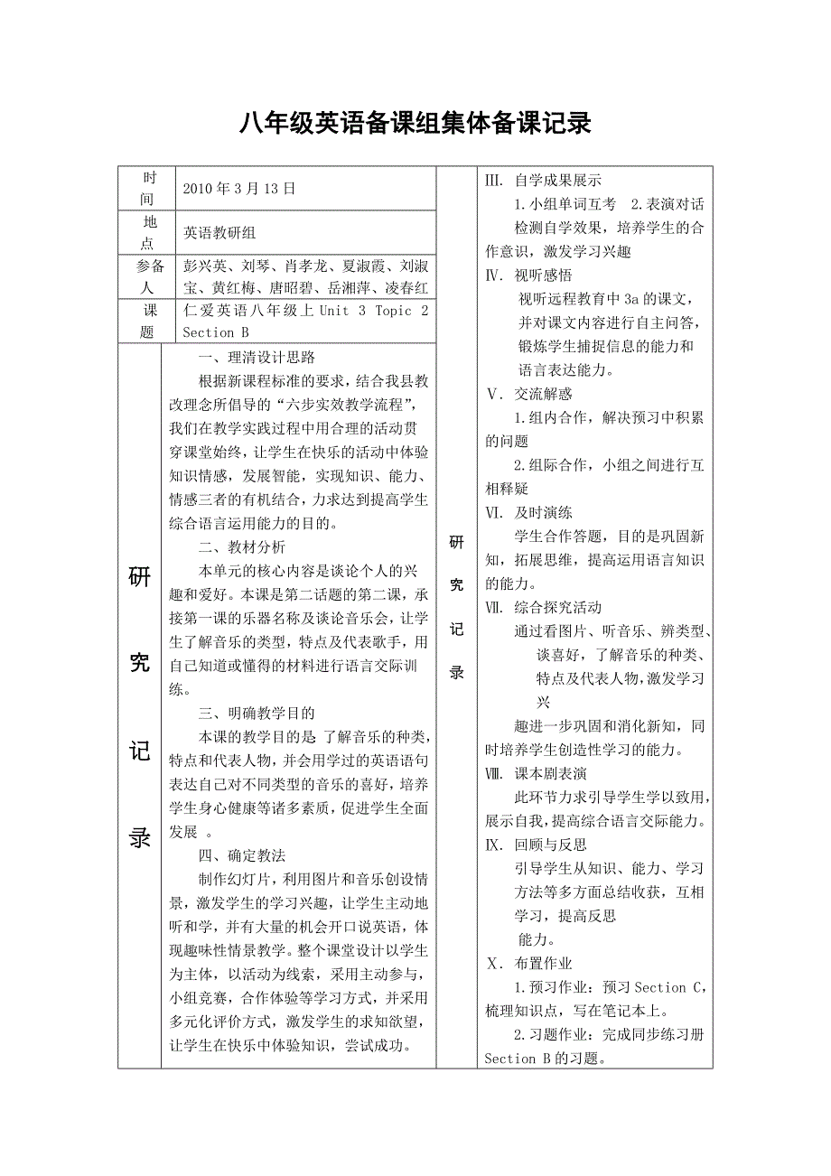 八年级英语备课组集体备课记录_第1页