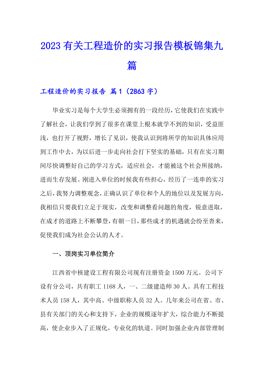 2023有关工程造价的实习报告模板锦集九篇_第1页