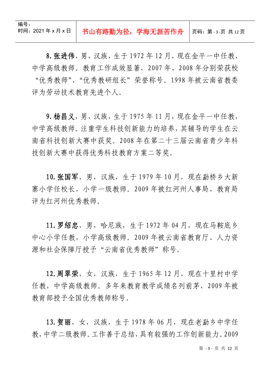 金平县首届“边陲人才奖”初评人员基本情况_第3页