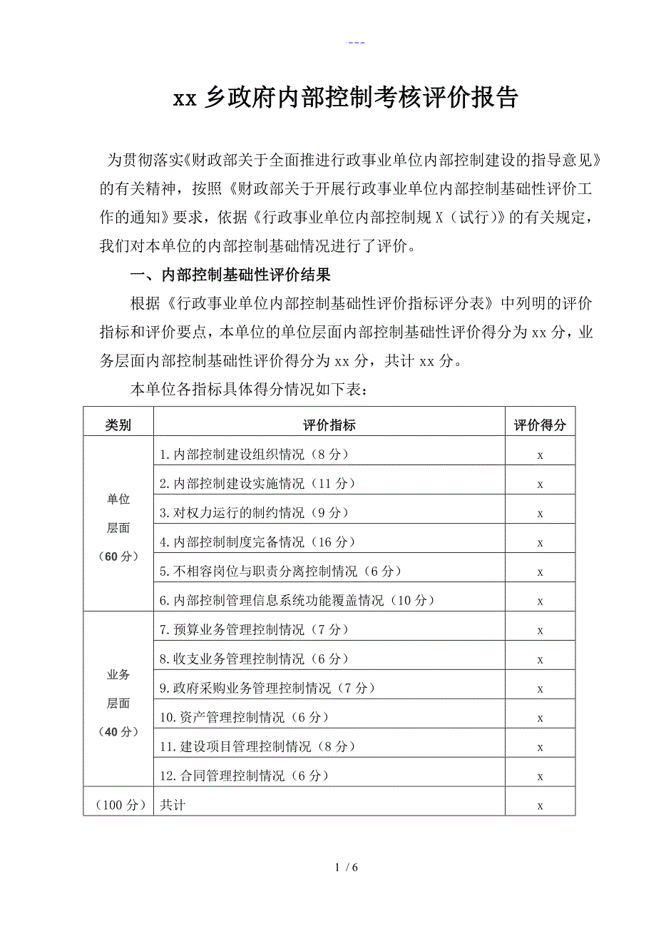 乡镇内部控制考核评价设计报告书文书_第1页