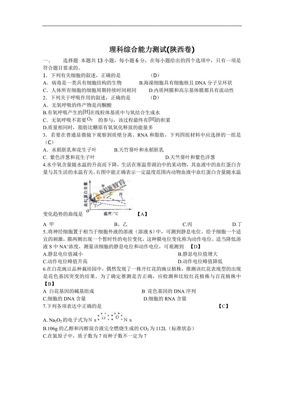 高考陕西真题理综_第1页