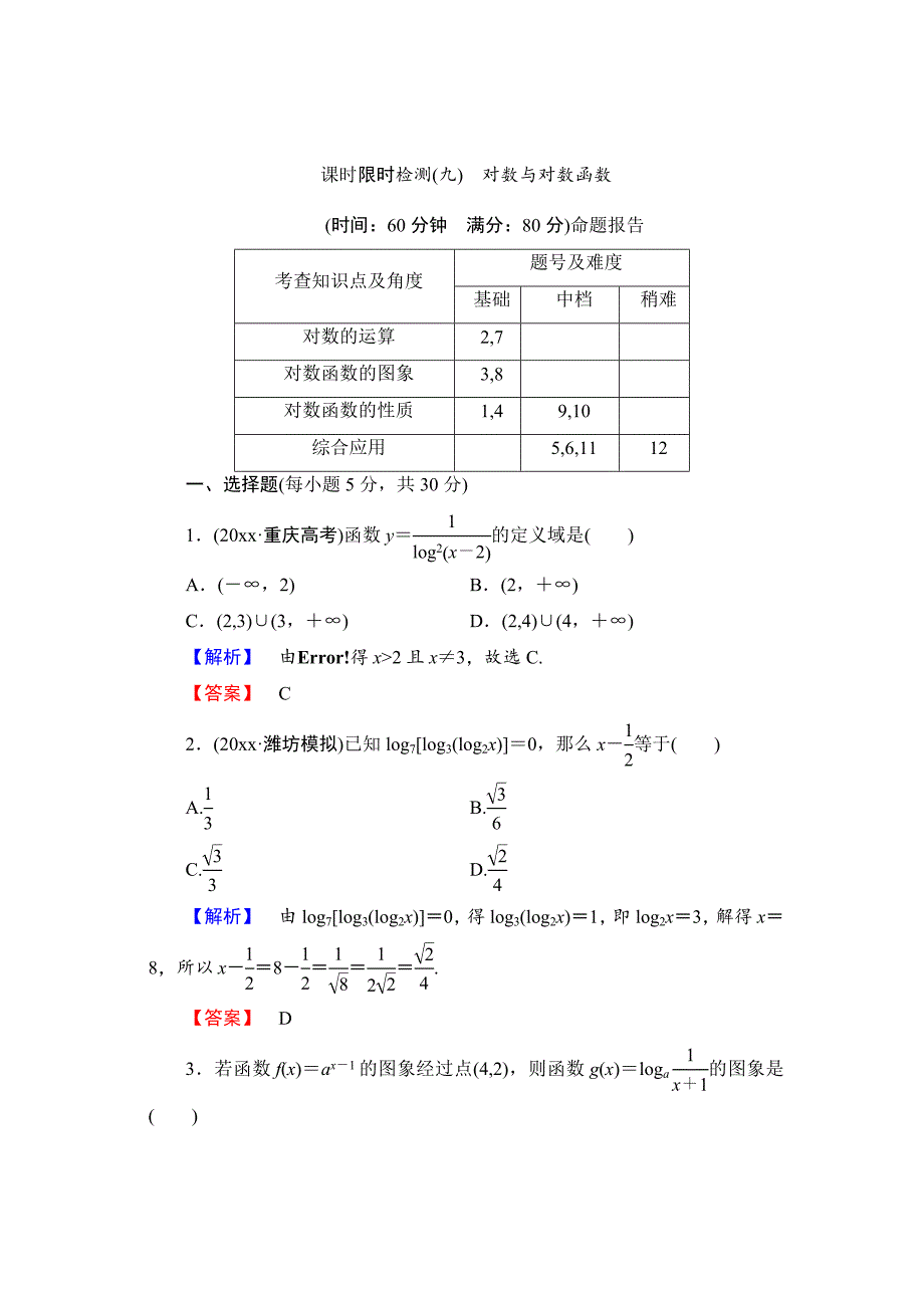 最新【高考讲坛】高三数学理山东版一轮限时检测9 对数与对数函数含答案_第1页