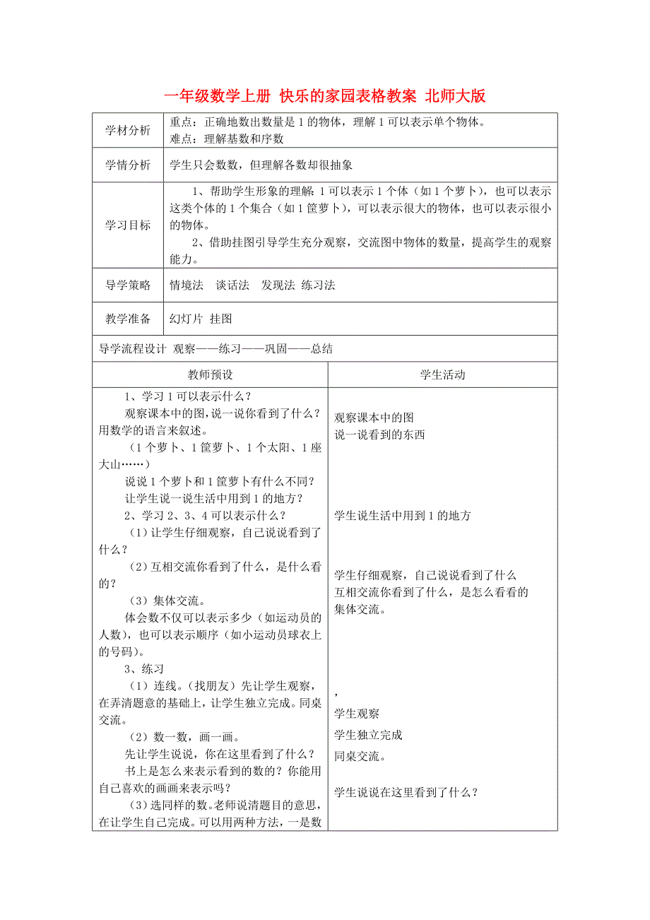 一年级数学上册 快乐的家园表格教案 北师大版_第1页