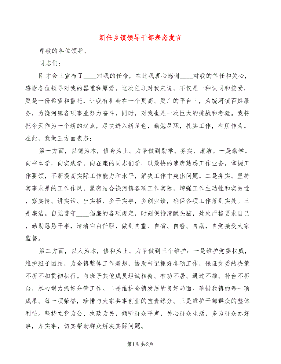 新任乡镇领导干部表态发言_第1页