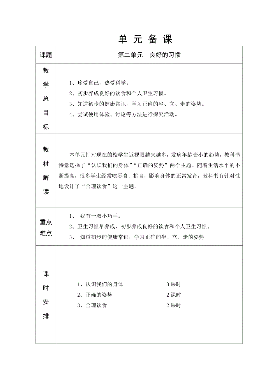 山东人民版六年制一年级品生第2单元教学设计_第1页