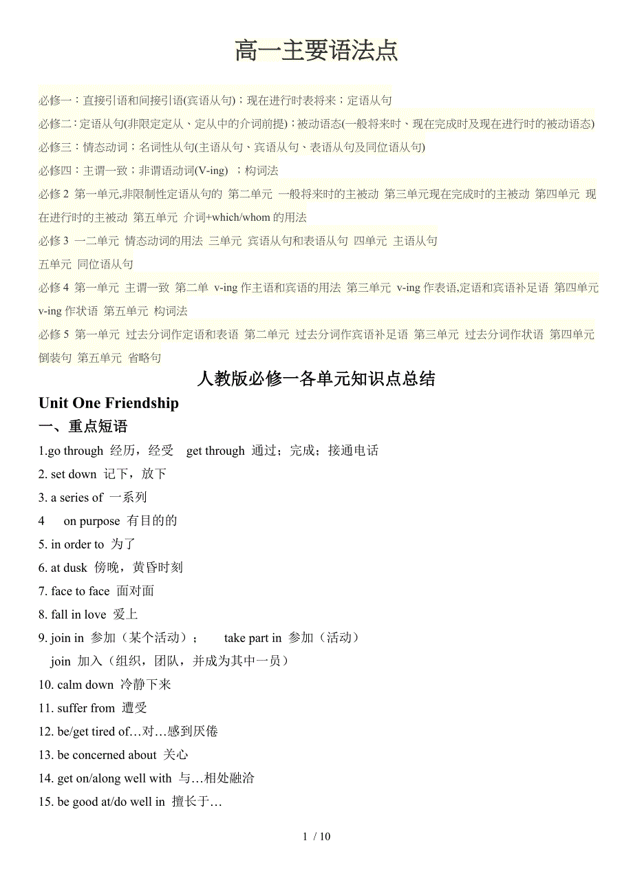 史上最全面人教版高中英语必修一语法知识点总结_第1页