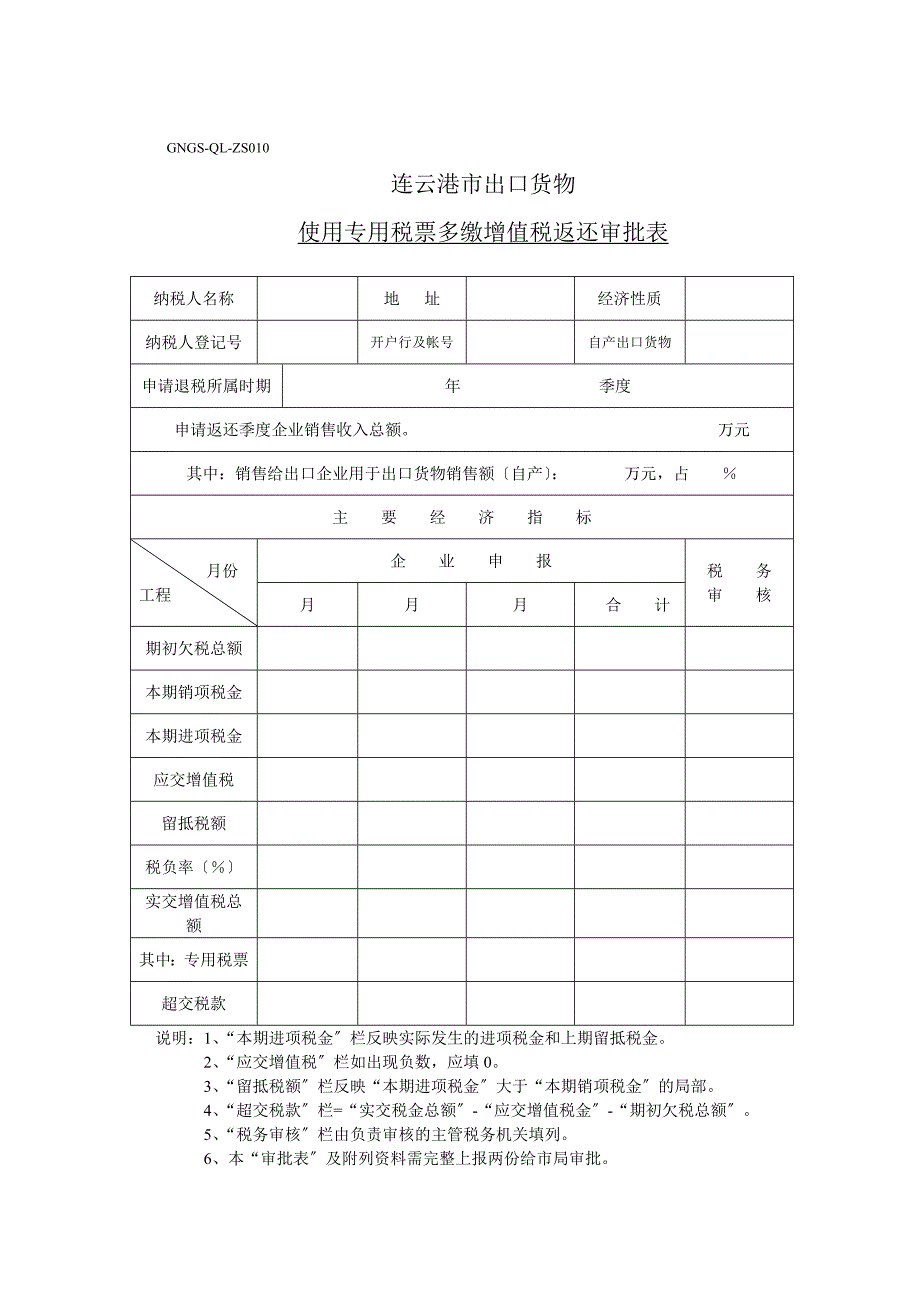 企业税务表格-连云港市出口货物使用专用税票多缴增值税返还审批表_第1页