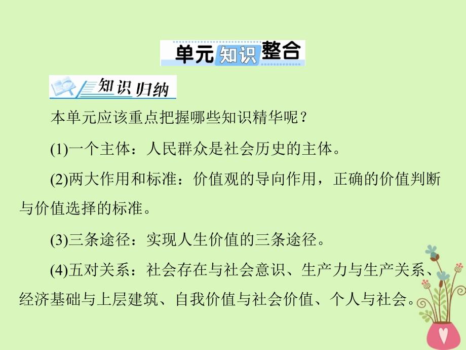 2019版高考政治一轮复习 第四单元 认识社会与价值选择单元知识整合课件 新人教版必修4_第1页