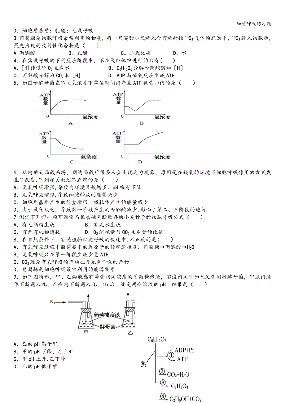 细胞呼吸练习题_第2页