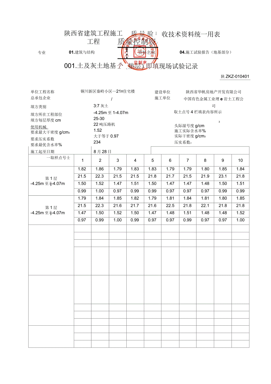 1101土及灰土地基(垫层)回填现场试验记录_第1页