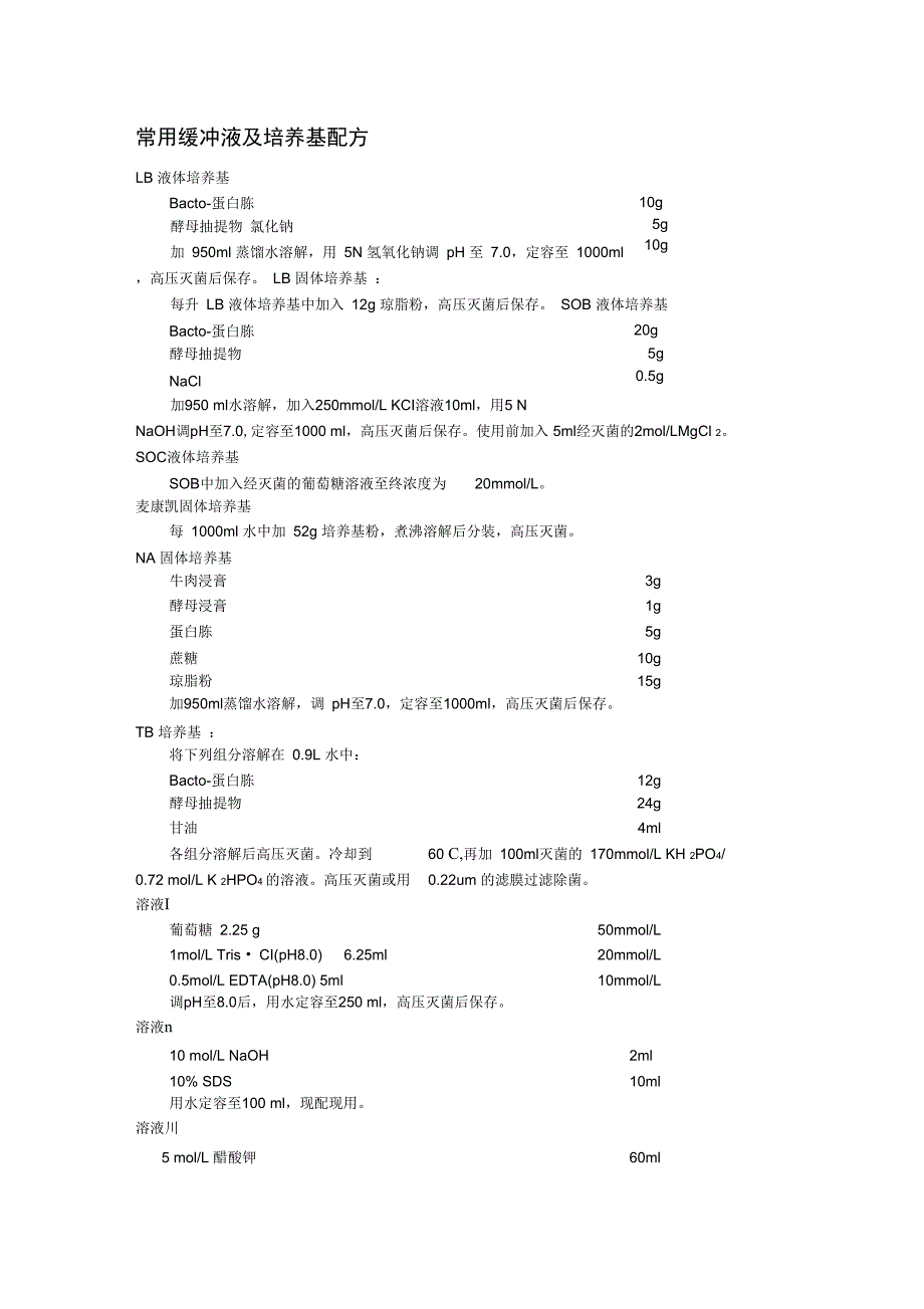 常用缓冲液及培养基配方_第1页