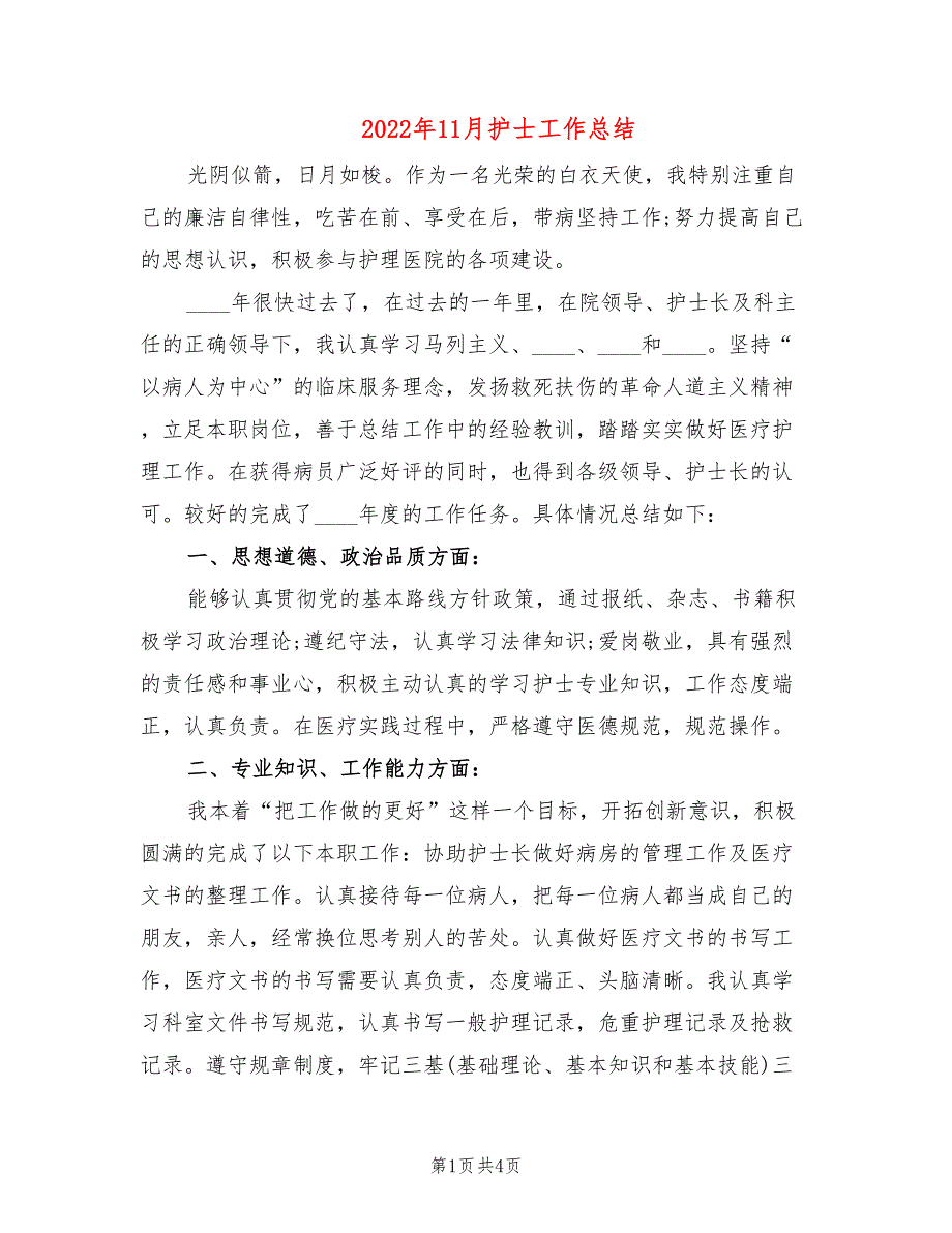 2022年11月护士工作总结(2篇)_第1页