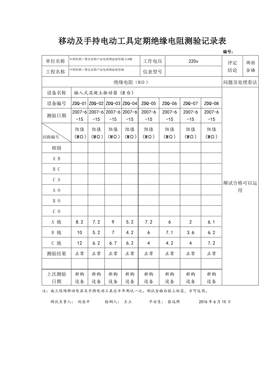 移动及手持电动工具定期绝缘电阻测验记录表_第1页