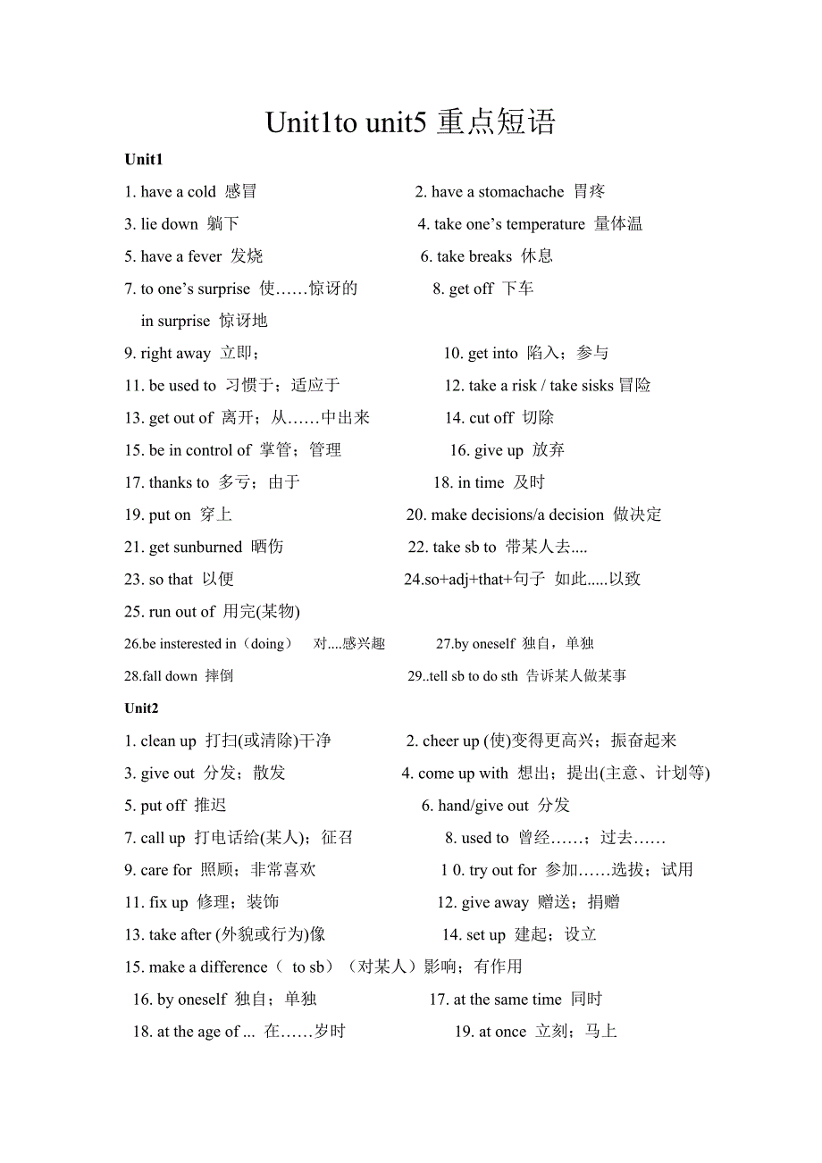 八年级下册英语第一到五单元重点短语总结_第1页