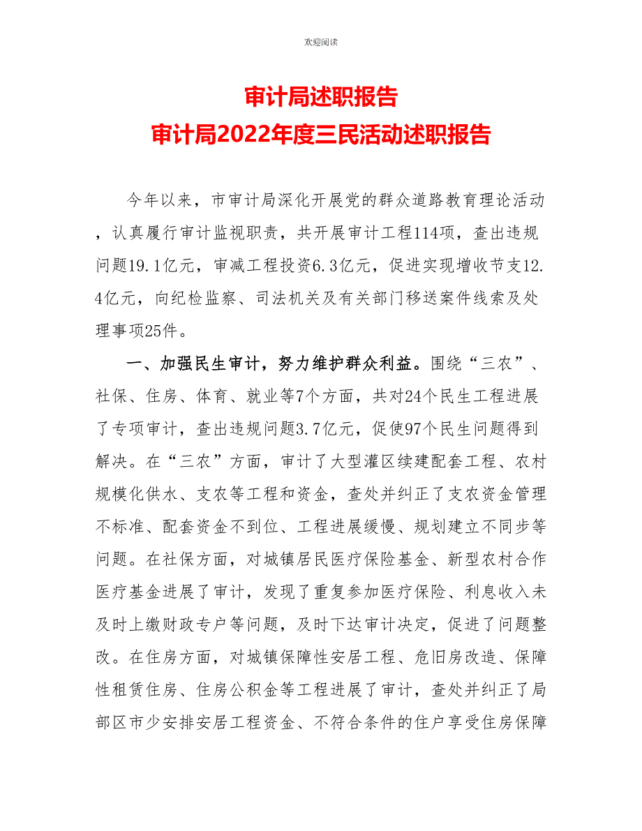 审计局述职报告审计局2022年度三民活动述职报告_第1页