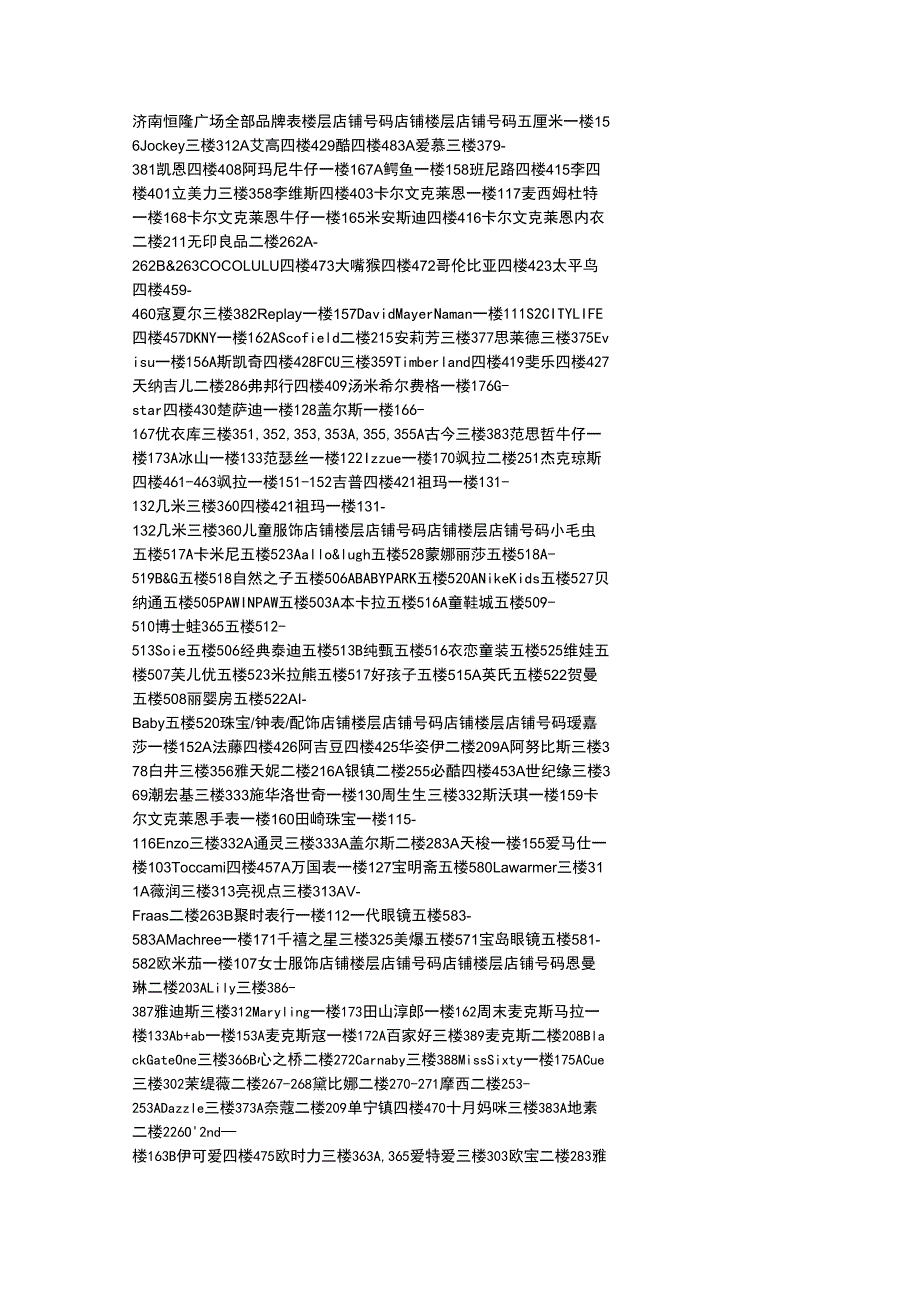 济南恒隆广场全部品牌表_第1页