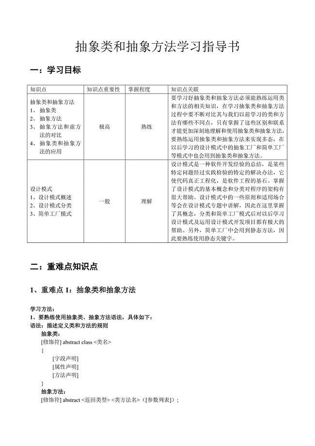 抽象类和抽象方法学习指导书