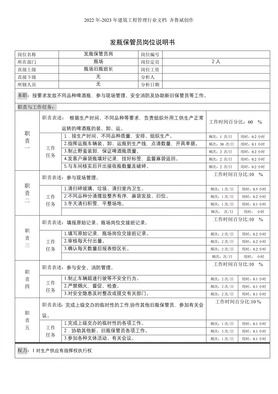 某啤酒企业发瓶保管岗位说明书_第1页