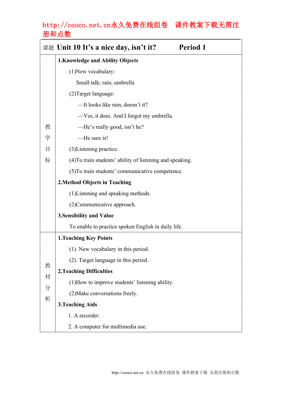 unit 10 it’s a nice dayisn’t it教案1（鲁教版七年级下）doc--初中英语_第1页