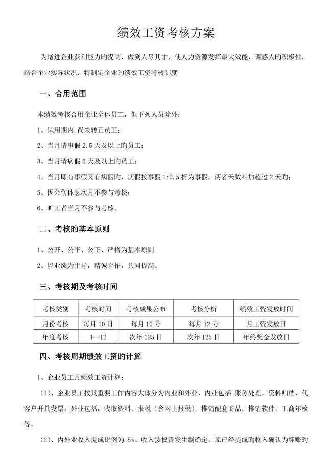 代理记账公司绩效工资考核方案