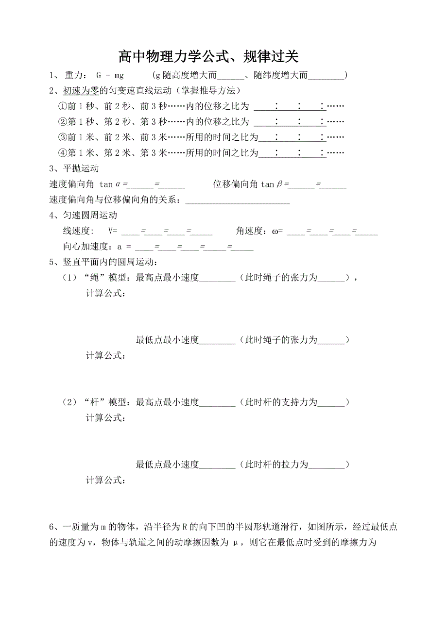 高中物理力学公式、规律过关_第1页