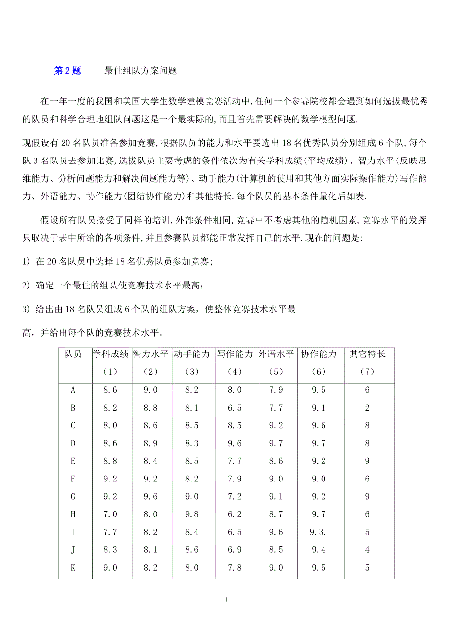 协作比赛的组队问题_数学建模竞赛_论文_第1页