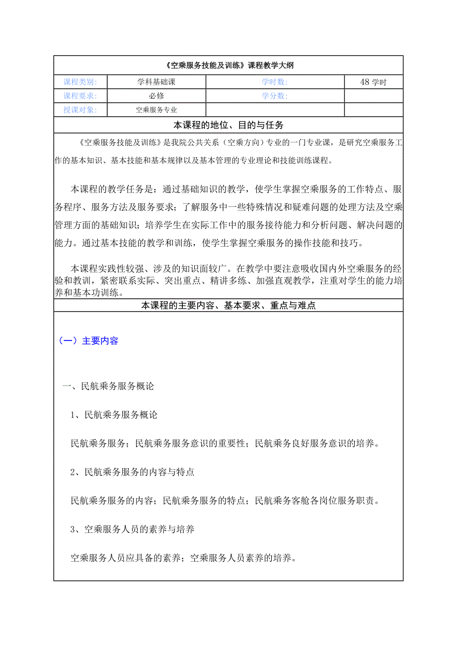 《空乘服务技能及训练》课程教学大纲.doc_第1页