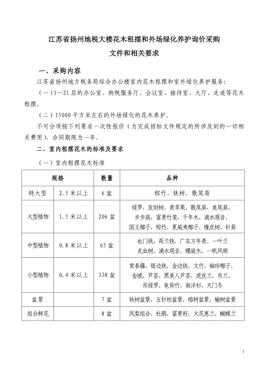 江苏省扬州地税大楼花木租摆和外场绿化养护询价采购 文件和相关要求_第1页