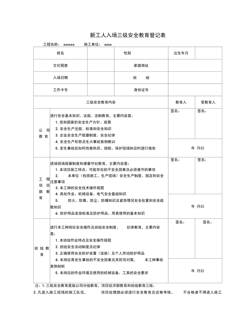 级安全教育记录及表格_第2页