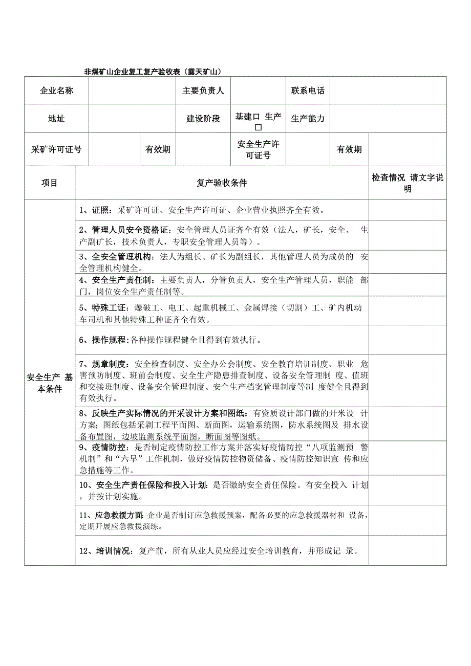 非煤矿山企业复工复产验收表_第1页