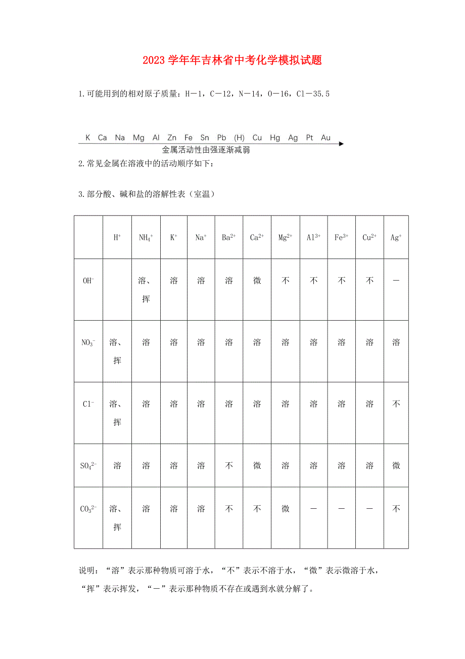 吉林省2023年中考化学模拟试题.doc_第1页