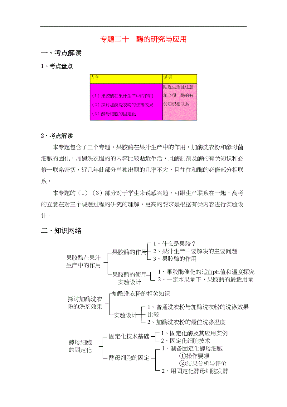 高三生物高考一轮复习教学案专题二十《酶的研究与应用》(DOC 29页)_第1页