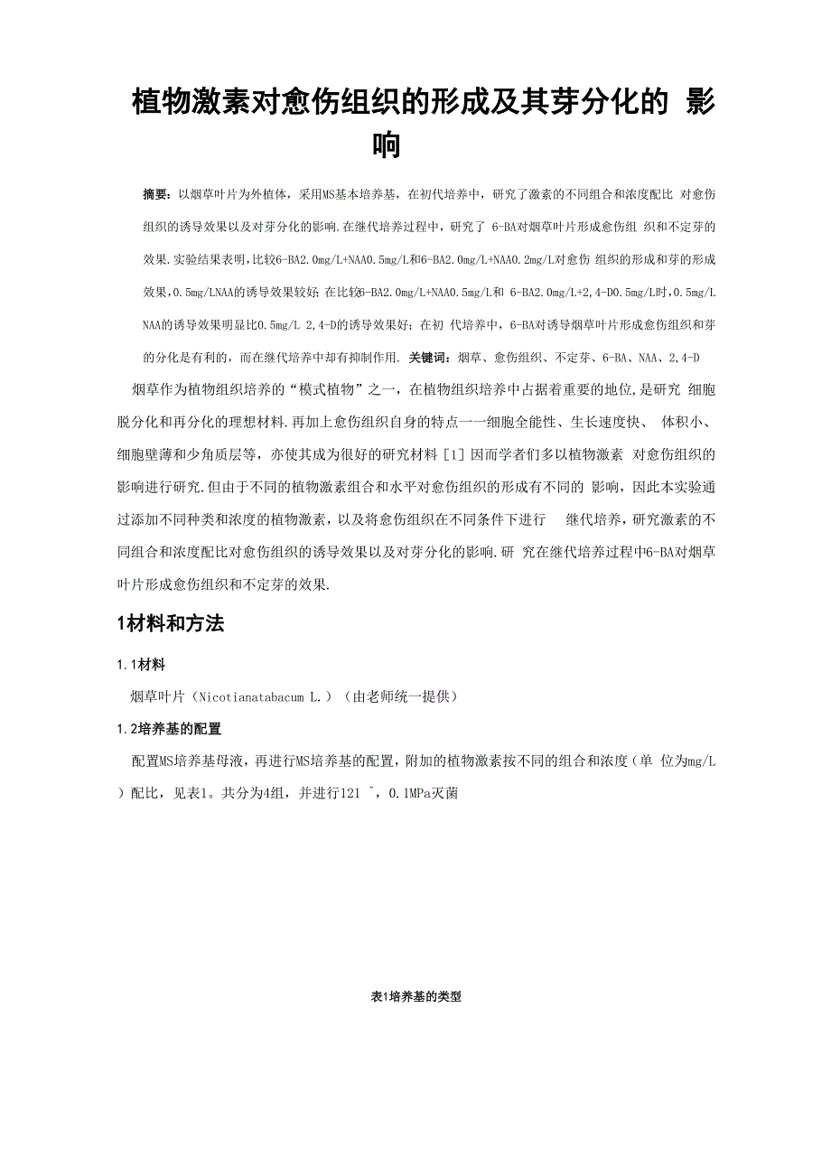 植物激素对愈伤组织的形成及其芽分化的影响_第1页