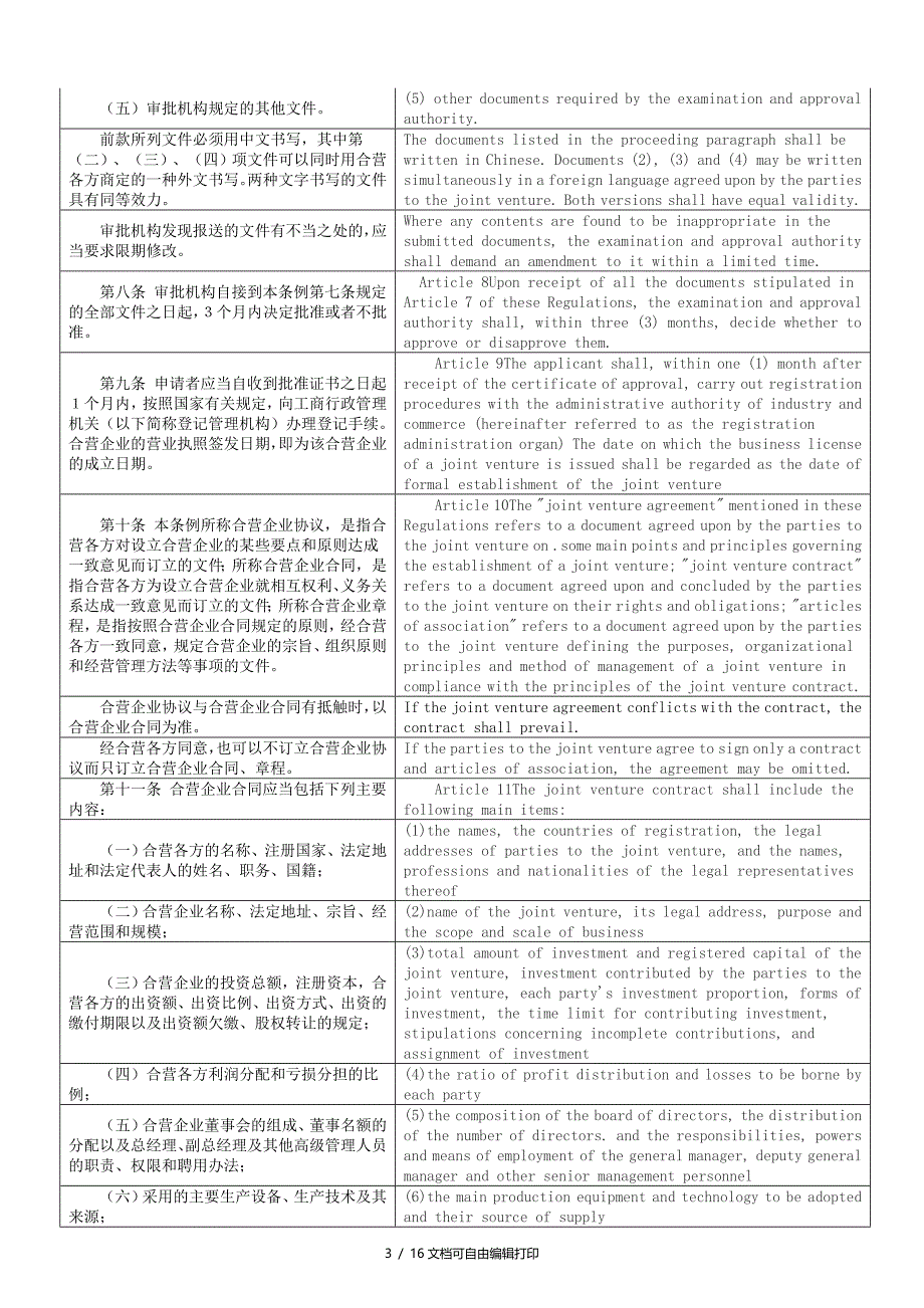 中外合资经营企业法实施条例中英文逐条对照版_第3页