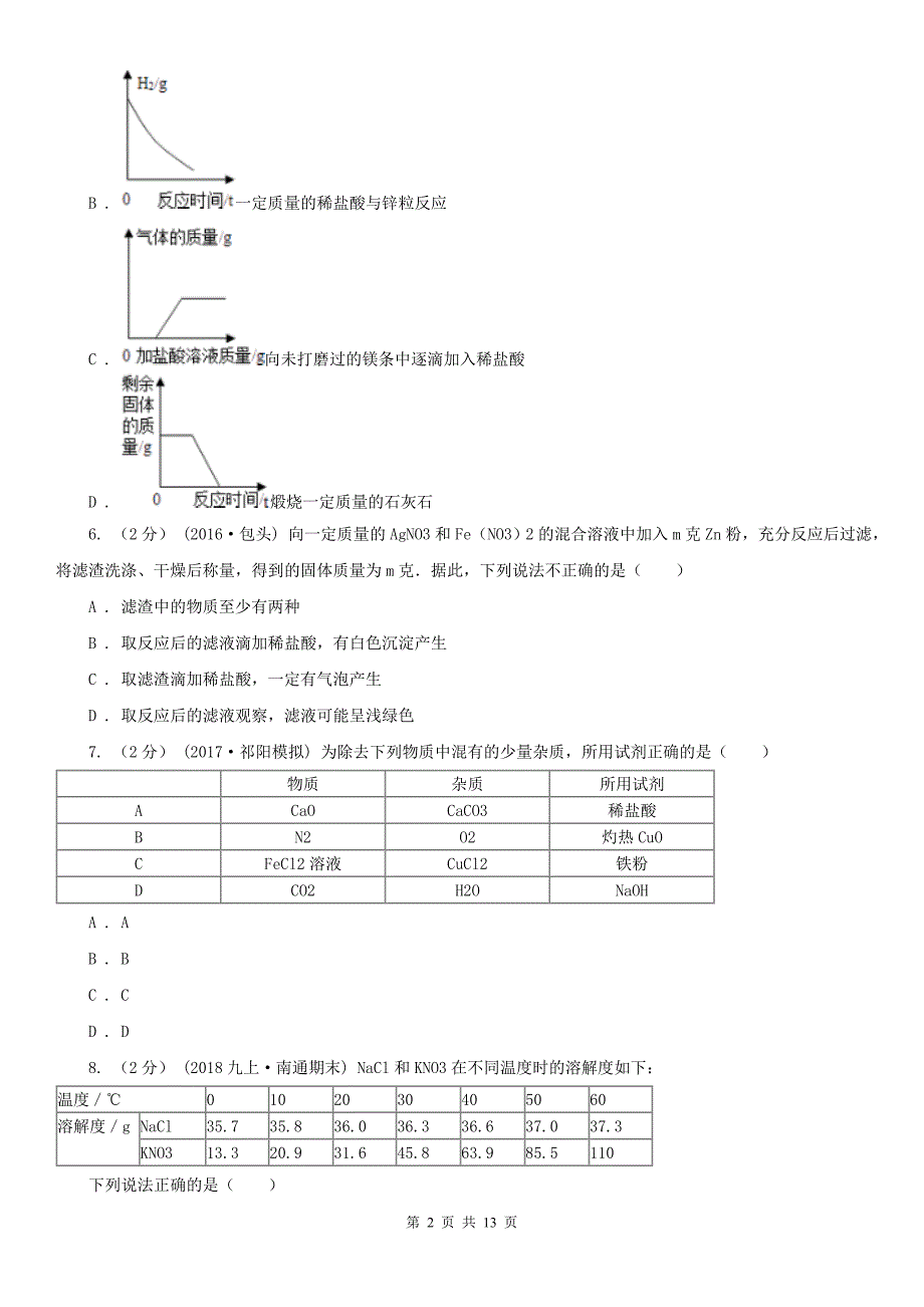 福建省2020年（春秋版）九年级下学期开学化学试卷（I）卷_第2页