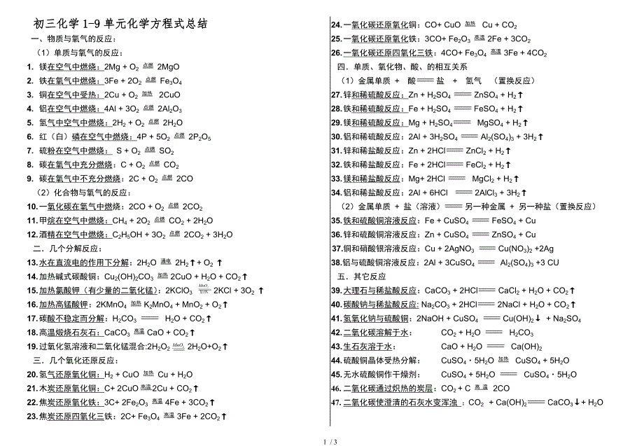 鲁教版初三化学上册化学方程式总结_第1页
