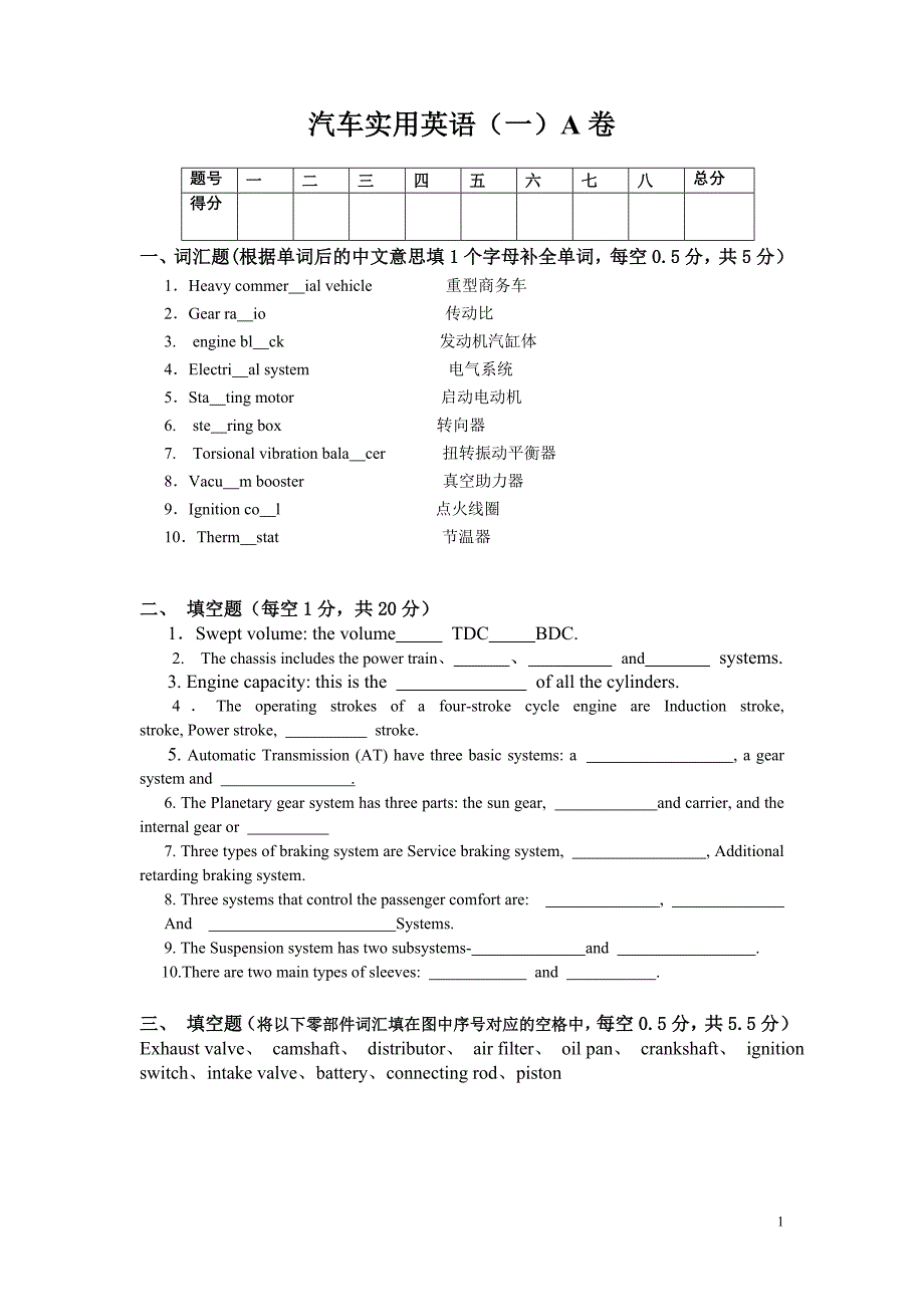 汽车实用英语A卷.doc_第1页