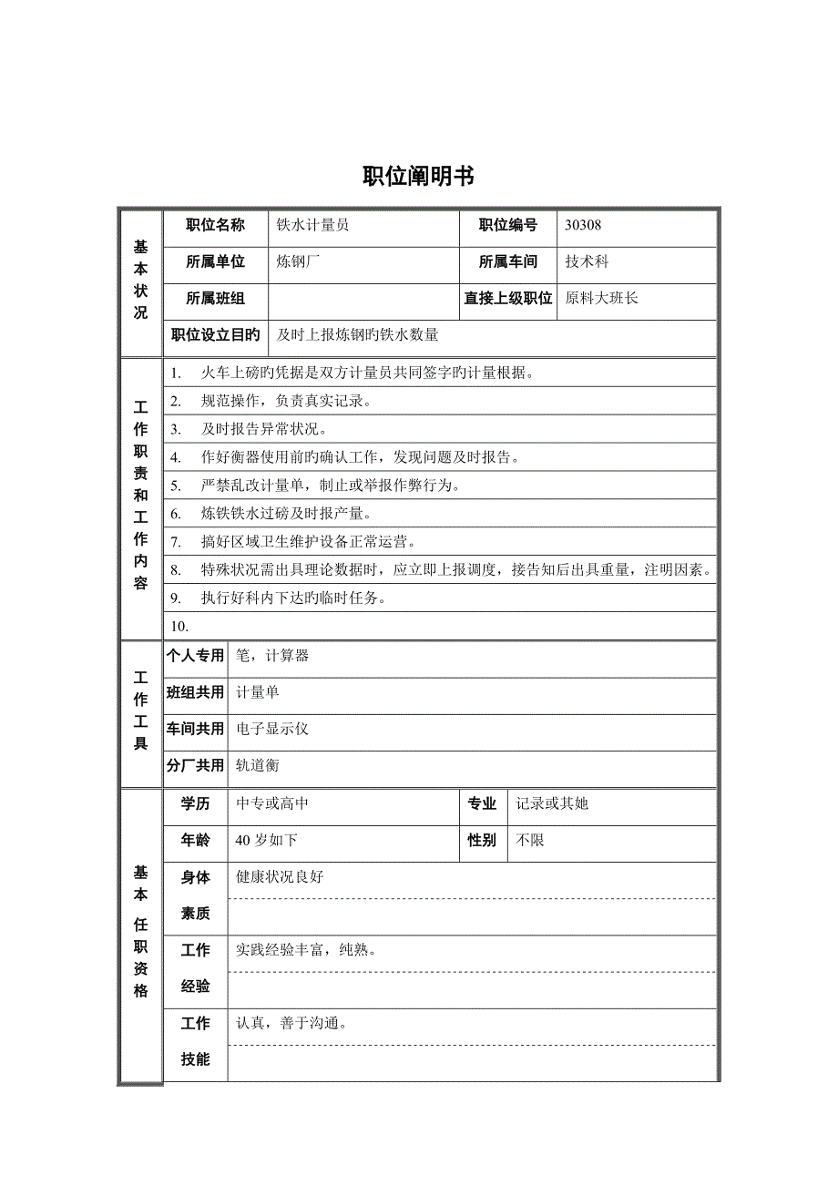 重点技术科铁水计量员岗位基本职责_第1页