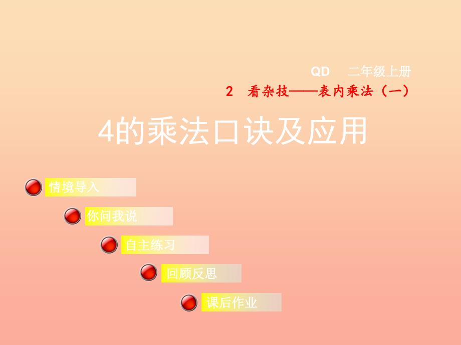 2019秋二年级数学上册第二单元信息窗3第2课时4的乘法口诀及应用课件青岛版.ppt_第1页