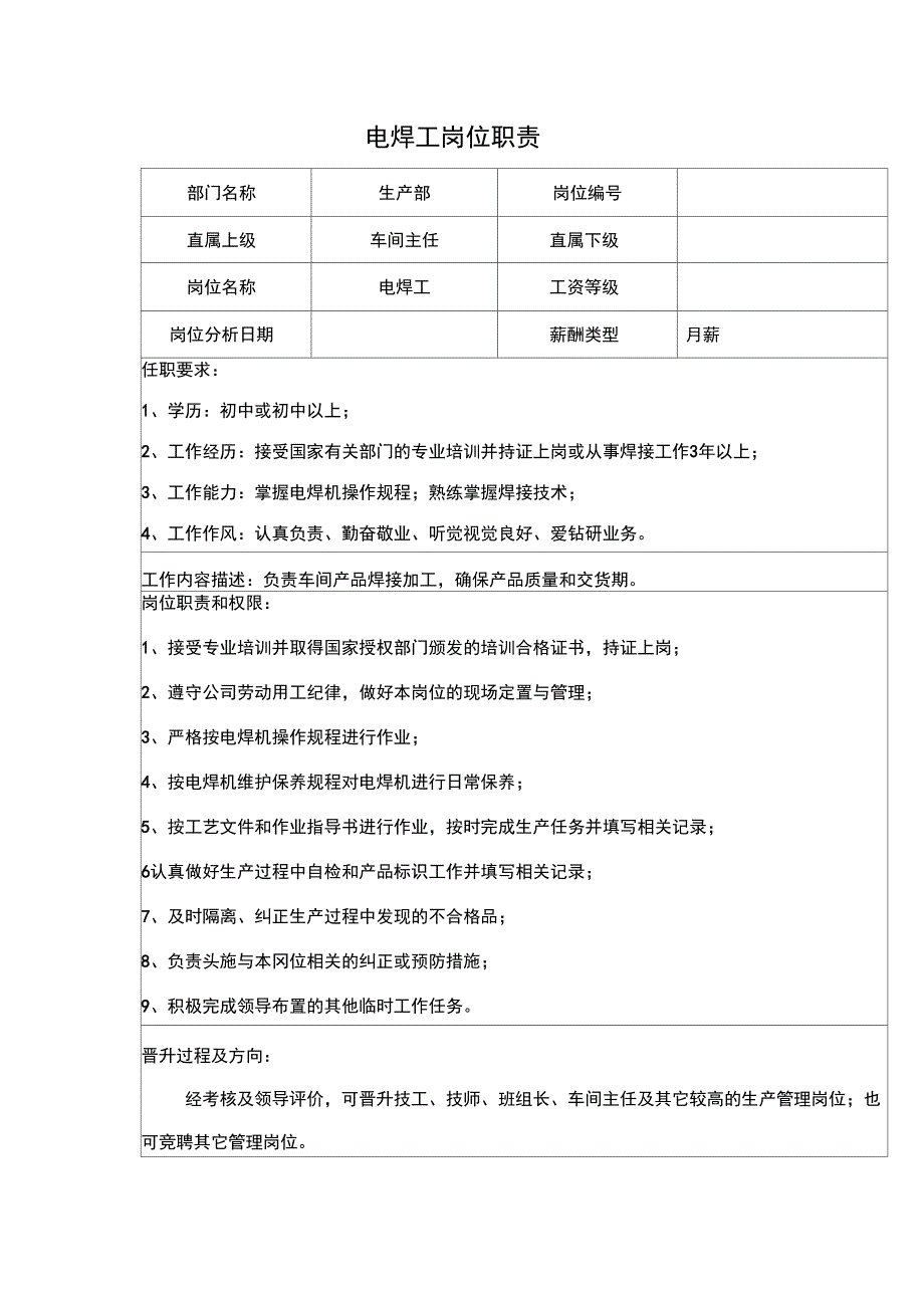 中小企业新电焊工岗位职责_第1页