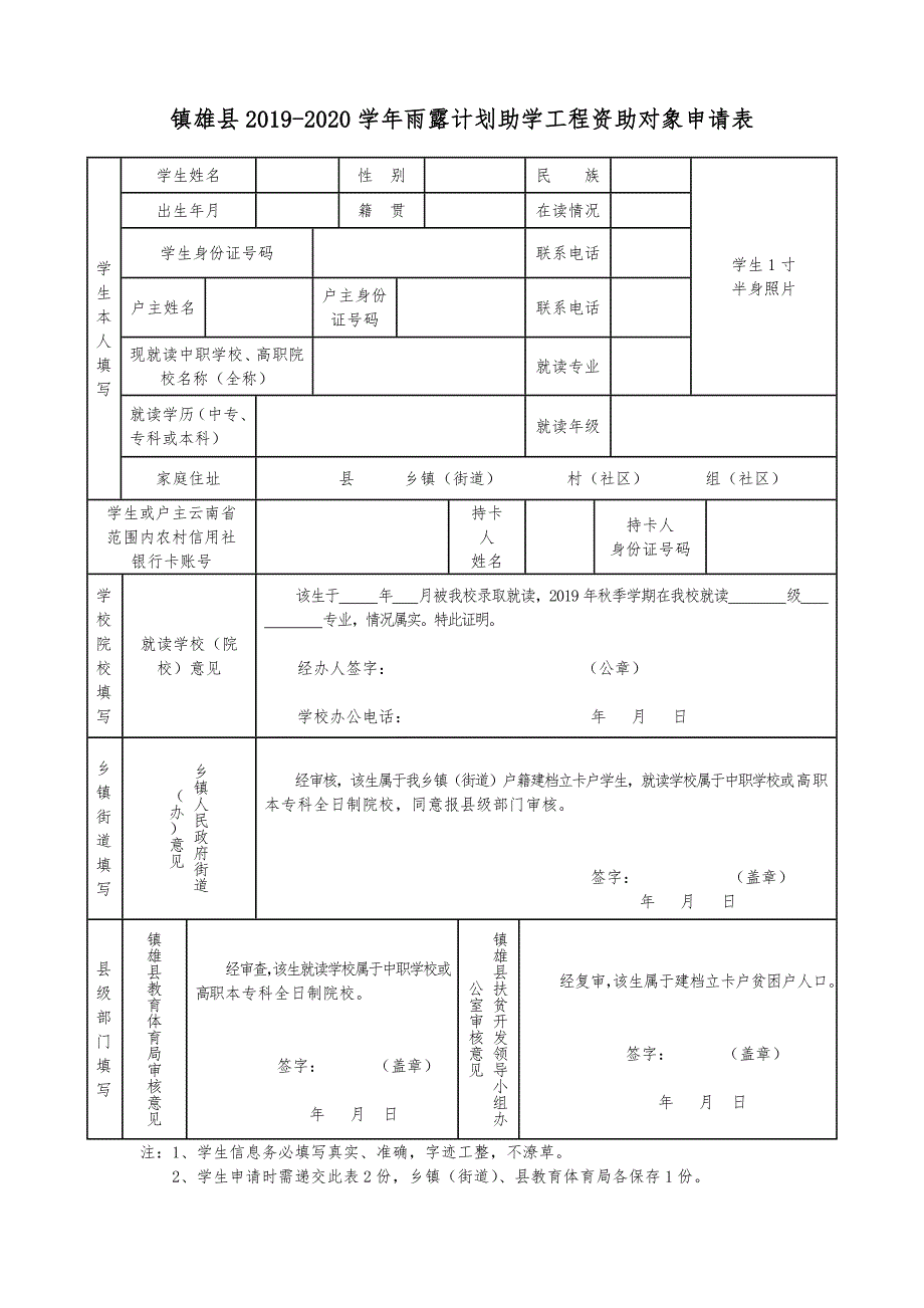 镇雄县2019-2020学年雨露计划助学工程资助对象申请表.doc_第1页