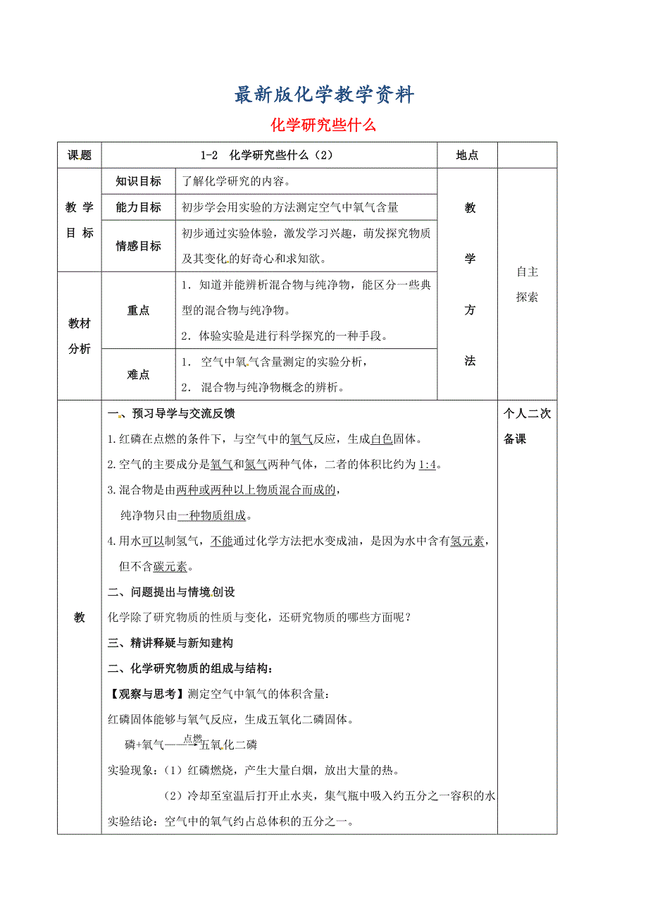 【最新版】江苏省苏州市九年级化学全册第一章开启化学之门1.2化学研究些什么教案2沪教版_第1页