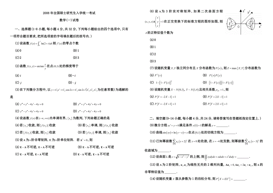 2008-2014历年考研数学一真题及答案详解_第1页