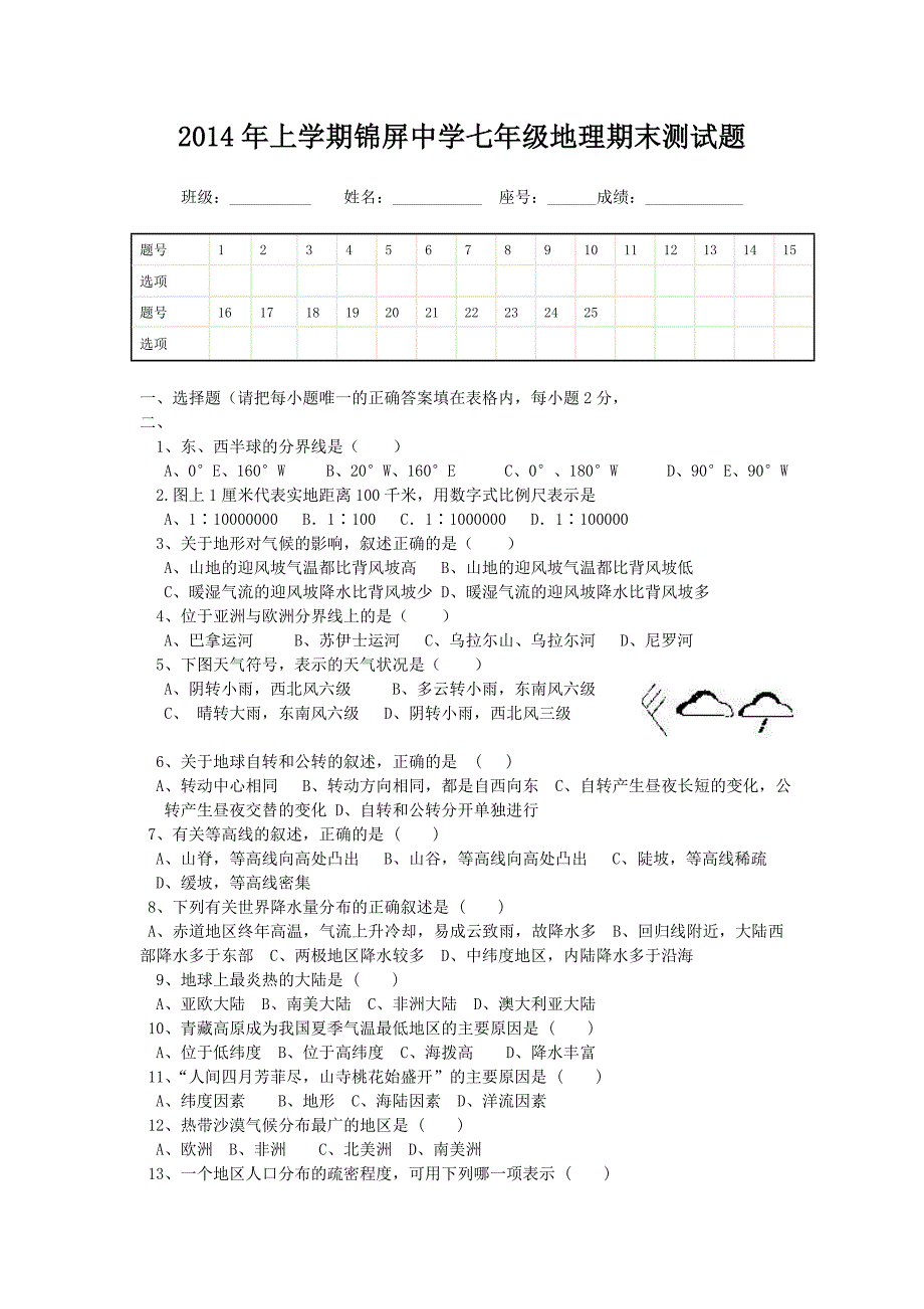 2014年七年级地理期末测试_第1页