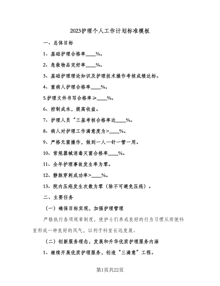 2023护理个人工作计划标准模板（六篇）_第1页