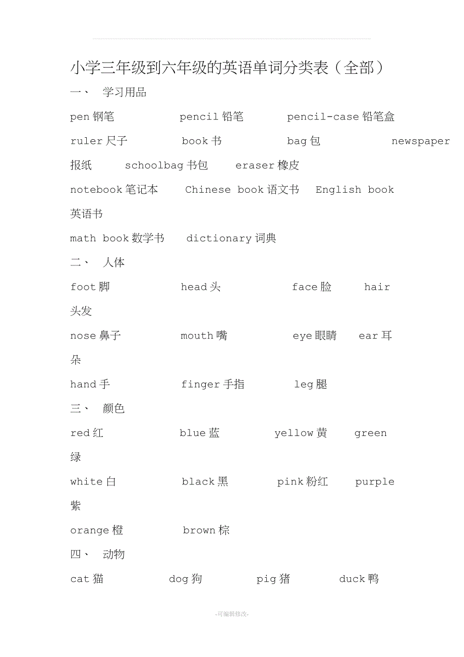 三到六年级英语单词分类表.doc_第1页